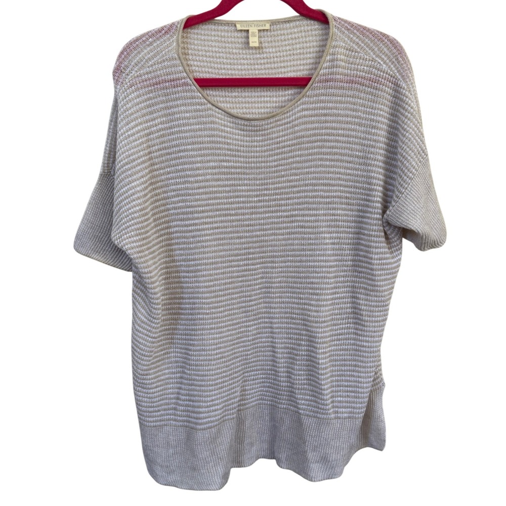 Eileen Fisher Linen Sweater Sz M Beige White Striped‎ Short Sleeve Minimalist